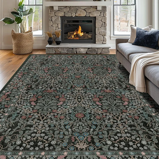 8x10 Washable Area Rugs for Living Room, Stain Resistant Vintage Rugs for Dining Room Under Kitchen Table, Bedroom, Floral Low Pile Non-Slip Large Carpet 
